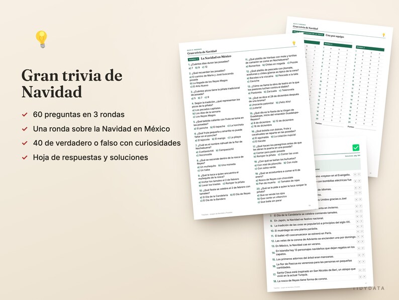 May include: A Christmas trivia game set featuring printed question sheets and answer keys. The text includes 'Gran trivia de Navidad', '60 preguntas en 3 rondas', 'Una ronda sobre la Navidad en M&eacute;xico', '40 de verdadero o falso con curiosidades', and 'Hoja de respuestas y soluciones'.