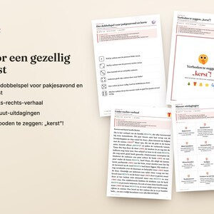 May include: A set of four printed game sheets for holiday gatherings, featuring instructions for a dice game, a forbidden word game titled Verboden te zeggen: kerst, and a story-based game titled Links-rechts-verhaal with minute challenges.