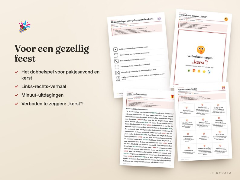 May include: A set of four printed game sheets for holiday gatherings, featuring instructions for a dice game, a forbidden word game titled Verboden te zeggen: kerst, and a story-based game titled Links-rechts-verhaal with minute challenges.