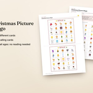 May include: A Christmas Picture Bingo game set featuring printed sheets with colorful holiday icons. The text includes 'Christmas Picture Bingo', '30 different cards', '40 calling cards', and 'For all ages: no reading needed'. A small snowman icon is visible.