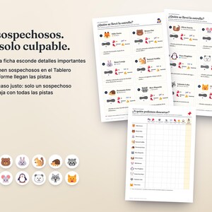 May include: A mystery game set featuring printed sheets with 12 suspect profiles, including names like Felix Zorro and Bruno Oso, and a tracking grid. The text reads 12 sospechosos. Un solo culpable. Includes 12 circular animal character icons.