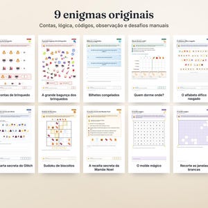 May include: A collection of ten activity sheets titled 9 enigmas originais, featuring various logic puzzles, math problems, and visual challenges with icons, grids, and text in Portuguese, organised in two rows of five on a light background.