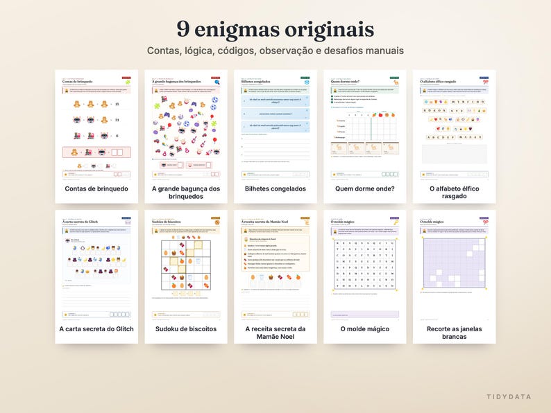 May include: A collection of ten activity sheets titled 9 enigmas originais, featuring various logic puzzles, math problems, and visual challenges with icons, grids, and text in Portuguese, organised in two rows of five on a light background.