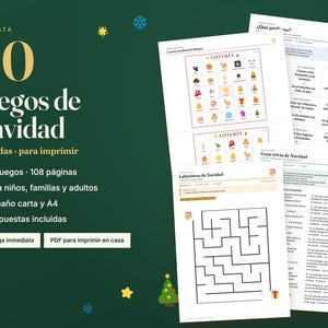 May include: A digital collection of 40 Christmas games and activities on printable pages. The set includes lottery cards with holiday icons, trivia questions, and mazes. The text reads 40 Juegos de Navidad and Tidydata on a dark green background.