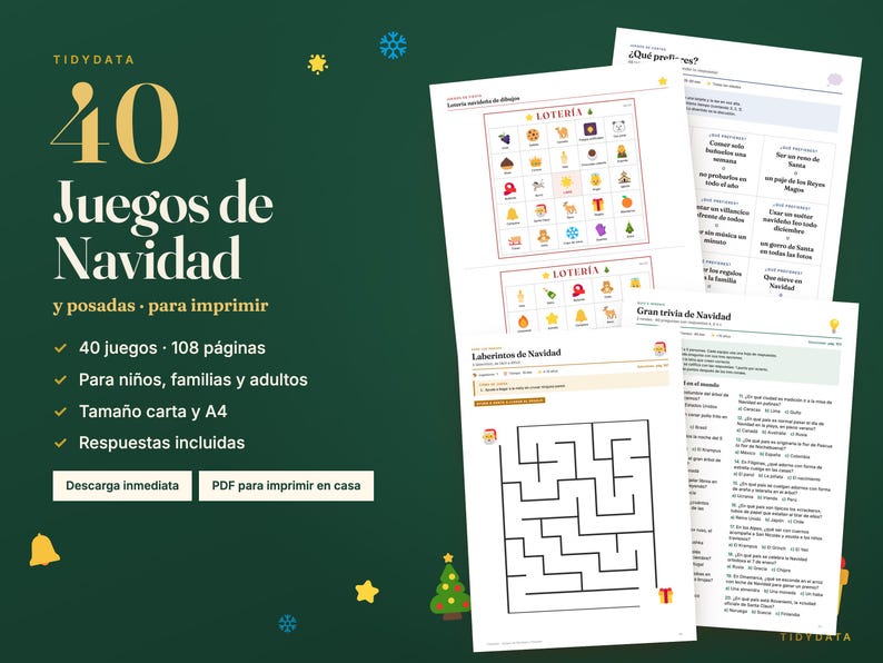 May include: A digital collection of 40 Christmas games and activities on printable pages. The set includes lottery cards with holiday icons, trivia questions, and mazes. The text reads 40 Juegos de Navidad and Tidydata on a dark green background.