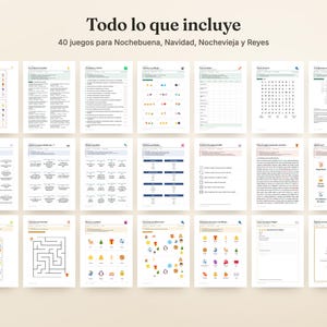 Pu&ograve; includere: Una raccolta di 20 fogli di gioco stampabili per le festivit&agrave;, intitolata Todo lo que incluye 40 juegos para Nochebuena, Navidad, Nochevieja y Reyes. Le pagine bianche presentano varie attivit&agrave; tra cui cruciverba, labirinti e quiz.