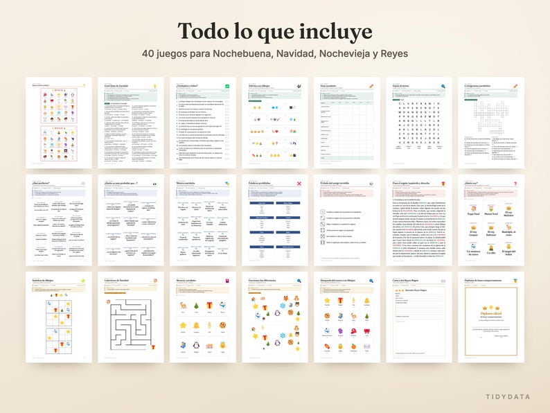 Pu&ograve; includere: Una raccolta di 20 fogli di gioco stampabili per le festivit&agrave;, intitolata Todo lo que incluye 40 juegos para Nochebuena, Navidad, Nochevieja y Reyes. Le pagine bianche presentano varie attivit&agrave; tra cui cruciverba, labirinti e quiz.