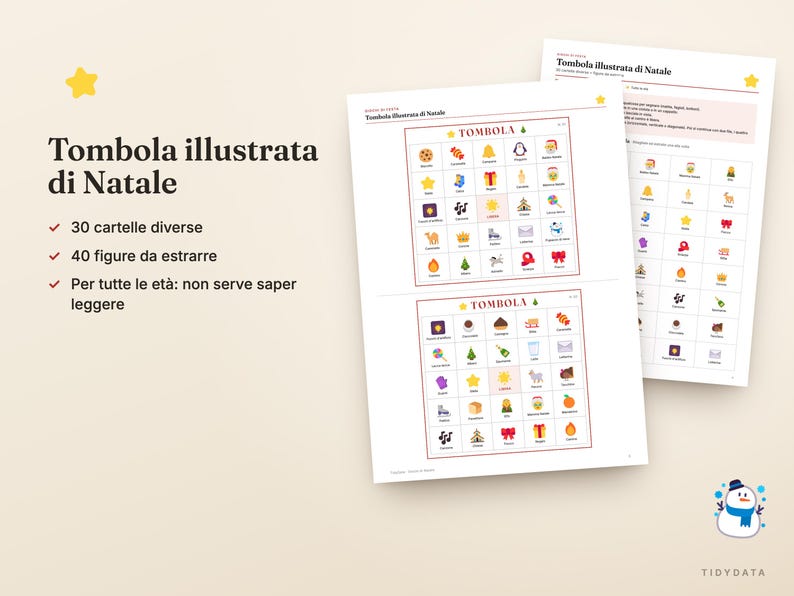 Op de afbeelding: Een Tombola illustrata di Natale spelset met bedrukte vellen met rasters van kleurrijke kerst-iconen. De tekst Tombola illustrata di Natale is zichtbaar samen met 30 cartelle diverse en 40 figure da estrarre.