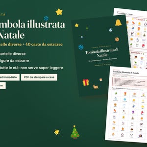 May include: A digital Tombola illustrata di Natale game set featuring a dark green cover with festive icons and two white printable sheets containing grids of Christmas-themed illustrations, text, and game instructions in Italian.