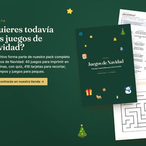 May include: A dark green digital file cover titled Juegos de Navidad with festive icons like a Santa, snowman, and gifts. Beside it, two white printable pages are visible, one featuring a quiz and the other a maze for children.