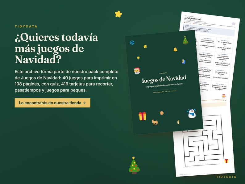 May include: A dark green digital file cover titled Juegos de Navidad with festive icons like a Santa, snowman, and gifts. Beside it, two white printable pages are visible, one featuring a quiz and the other a maze for children.