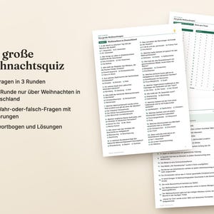 Puede incluir: Un conjunto de cuestionarios navide&ntilde;os impresos titulado Das gro&szlig;e Weihnachtsquiz que incluye 60 preguntas en 3 rondas, una secci&oacute;n sobre tradiciones navide&ntilde;as en Alemania, 40 preguntas de verdadero o falso con explicaciones, hojas de respuestas y soluciones.