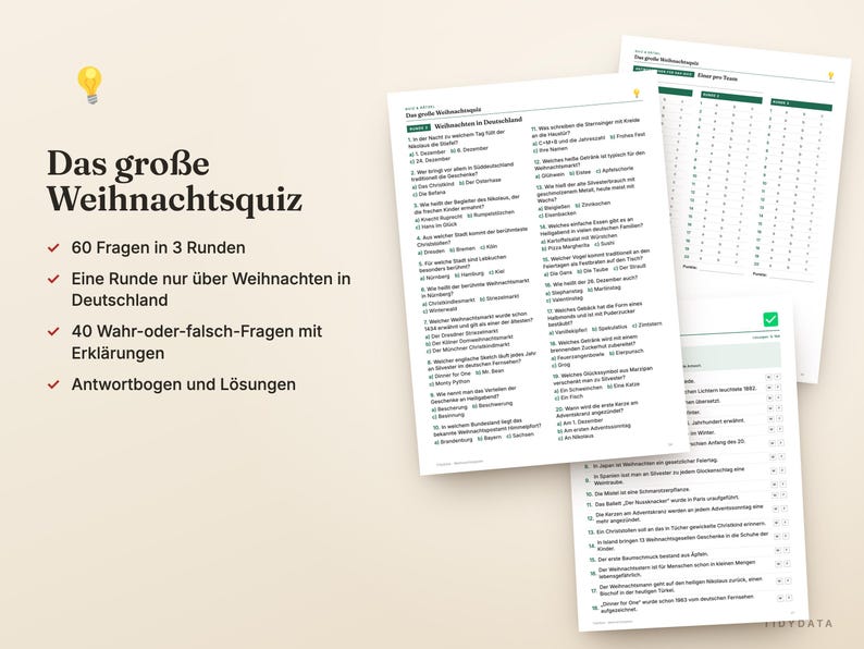Puede incluir: Un conjunto de cuestionarios navide&ntilde;os impresos titulado Das gro&szlig;e Weihnachtsquiz que incluye 60 preguntas en 3 rondas, una secci&oacute;n sobre tradiciones navide&ntilde;as en Alemania, 40 preguntas de verdadero o falso con explicaciones, hojas de respuestas y soluciones.
