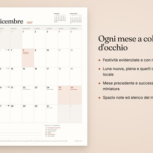 May include: A December 2027 wall calendar page with a grid layout, featuring the month name at the top, small reference calendars for November and January, and a notes section at the bottom. The text is in Italian, detailing holidays, moon phases, and dates.