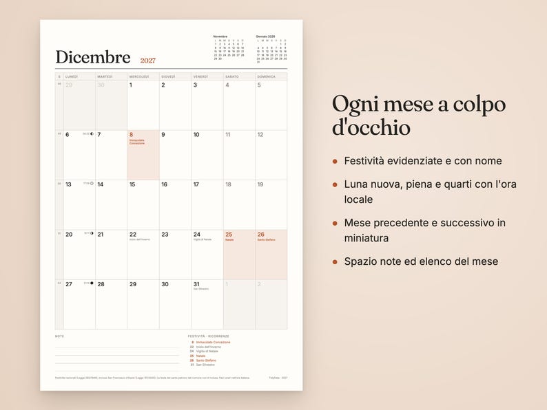 May include: A December 2027 wall calendar page with a grid layout, featuring the month name at the top, small reference calendars for November and January, and a notes section at the bottom. The text is in Italian, detailing holidays, moon phases, and dates.