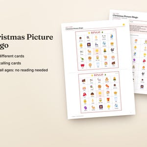 May include: Christmas Picture Bingo game sheets featuring grids with colorful holiday icons. The text reads Christmas Picture Bingo, 30 different cards, 40 calling cards, and For all ages: no reading needed. A small snowman icon is at the bottom.