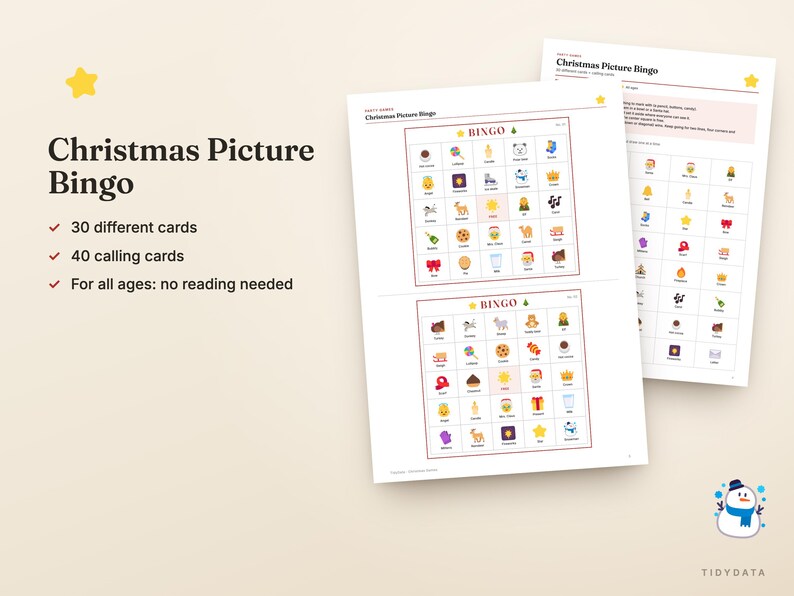 May include: Christmas Picture Bingo game sheets featuring grids with colorful holiday icons. The text reads Christmas Picture Bingo, 30 different cards, 40 calling cards, and For all ages: no reading needed. A small snowman icon is at the bottom.