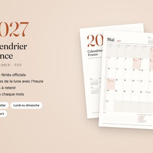 May include: A 2027 printable calendar for France featuring a monthly grid layout. The text includes 2027, Calendrier France, &Agrave; IMPRIMER, PDF, Jours f&eacute;ri&eacute;s officiels, Phases de la lune avec l'heure, Dates &agrave; retenir, Notes chaque mois, A4 et Letter, Lundi ou dimanche, 3 couleurs, and Mai.