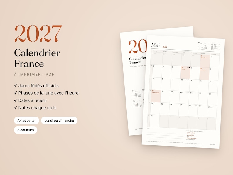 May include: A 2027 printable calendar for France featuring a monthly grid layout. The text includes 2027, Calendrier France, &Agrave; IMPRIMER, PDF, Jours f&eacute;ri&eacute;s officiels, Phases de la lune avec l'heure, Dates &agrave; retenir, Notes chaque mois, A4 et Letter, Lundi ou dimanche, 3 couleurs, and Mai.
