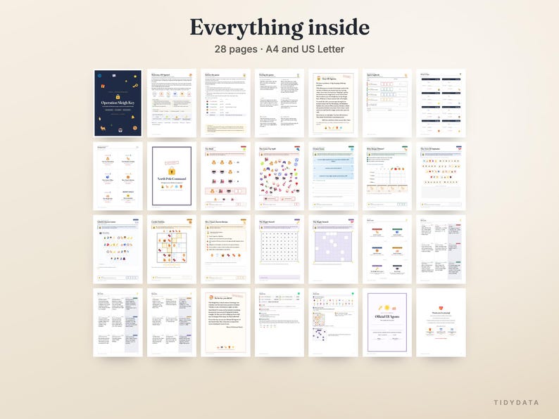 Op de afbeelding: Een verzameling van 28 printbare activiteitenpagina's getiteld Everything inside, met Operation Sleigh Key, puzzels, woordzoekers en spellen. De documenten zijn opgemaakt voor A4 en US Letter papier en tonen diverse kleurrijke iconen en tekst.