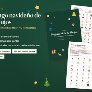 May include: A digital Christmas picture bingo game set featuring 30 unique cards and 40 calling tokens. The dark green cover displays the text Bingo navide&ntilde;o de dibujos, 30 cartones distintos + 40 fichas para cantar, and 20 p&aacute;ginas.