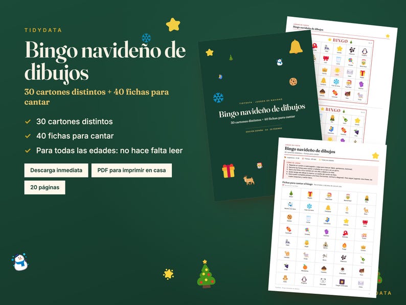 May include: A digital Christmas picture bingo game set featuring 30 unique cards and 40 calling tokens. The dark green cover displays the text Bingo navide&ntilde;o de dibujos, 30 cartones distintos + 40 fichas para cantar, and 20 p&aacute;ginas.