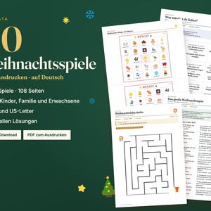 Puede incluir: Una colecci&oacute;n digital de 40 juegos navide&ntilde;os imprimibles titulada 40 Weihnachtsspiele zum Ausdrucken auf Deutsch, que incluye cartones de bingo, laberintos y cuestionarios en hojas blancas sobre un fondo verde oscuro con iconos festivos.
