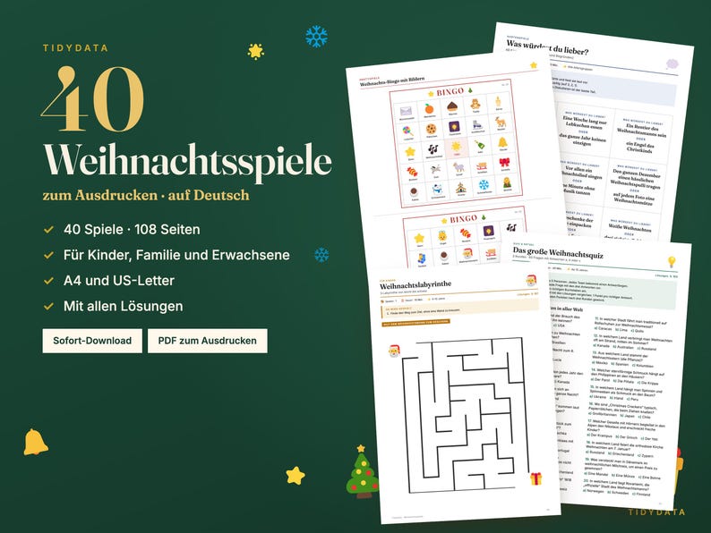 Puede incluir: Una colecci&oacute;n digital de 40 juegos navide&ntilde;os imprimibles titulada 40 Weihnachtsspiele zum Ausdrucken auf Deutsch, que incluye cartones de bingo, laberintos y cuestionarios en hojas blancas sobre un fondo verde oscuro con iconos festivos.