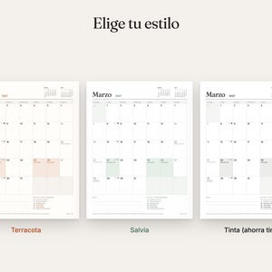 Peut inclure: Trois pages de calendrier mensuel pour mars 2027, chacune avec une mise en page en grille. Le texte en haut indique Elige tu estilo. Les calendriers pr&eacute;sentent des accents terracotta, vert sauge et encre noire, avec les &eacute;tiquettes Terracota, Salvia et Tinta (ahorra tinta).