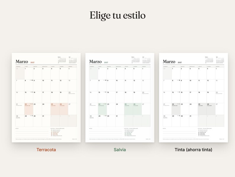Peut inclure: Trois pages de calendrier mensuel pour mars 2027, chacune avec une mise en page en grille. Le texte en haut indique Elige tu estilo. Les calendriers pr&eacute;sentent des accents terracotta, vert sauge et encre noire, avec les &eacute;tiquettes Terracota, Salvia et Tinta (ahorra tinta).