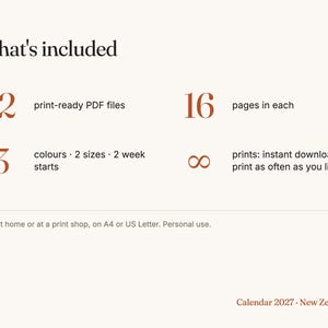 Puede incluir: Un gr&aacute;fico de informaci&oacute;n digital para un calendario de Nueva Zelanda 2027. El texto incluye: What's included, 12 print-ready PDF files, 16 pages in each, 3 colours, 2 sizes, 2 week starts, s&iacute;mbolo de infinito para instant download, y Print at home or at a print shop, on A4 or US Letter. Personal use.