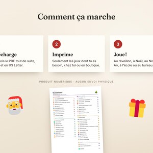 Peut inclure: Un graphique d'instructions pour produit num&eacute;rique intitul&eacute; Comment &ccedil;a marche avec trois &eacute;tapes num&eacute;rot&eacute;es : T&eacute;l&eacute;charge, Imprime et Joue. En dessous, une page sommaire liste des jeux avec ic&ocirc;nes, entour&eacute;e d'un P&egrave;re No&euml;l et d'un cadeau.