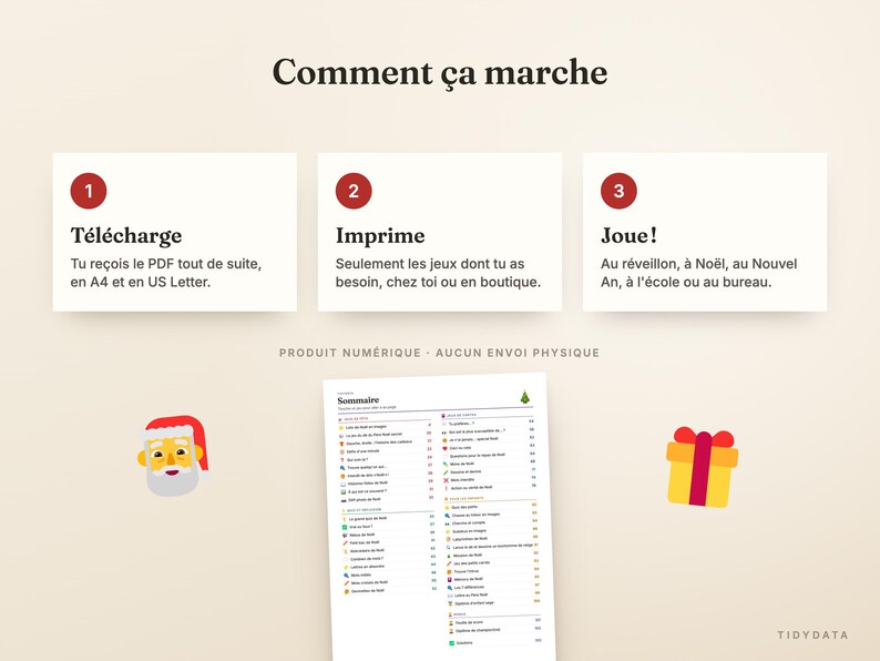 Peut inclure: Un graphique d'instructions pour produit num&eacute;rique intitul&eacute; Comment &ccedil;a marche avec trois &eacute;tapes num&eacute;rot&eacute;es : T&eacute;l&eacute;charge, Imprime et Joue. En dessous, une page sommaire liste des jeux avec ic&ocirc;nes, entour&eacute;e d'un P&egrave;re No&euml;l et d'un cadeau.