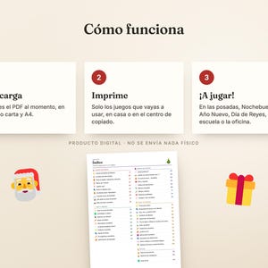 May include: A digital instructional graphic titled C&oacute;mo funciona with three numbered steps: 1. Descarga, 2. Imprime, 3. &iexcl;A jugar!. Below, a document titled &Iacute;ndice lists various games, flanked by a Santa Claus icon and a yellow gift box icon.
