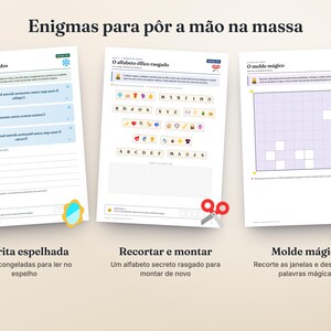 May include: Three educational activity sheets titled Enigmas para p&ocirc;r a m&atilde;o na massa. The first sheet features mirror writing puzzles, the second shows a cut-and-paste alphabet activity with icons, and the third displays a grid for a magic template.