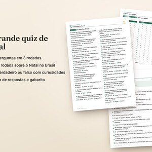 May include: A printed Christmas quiz set featuring the title O grande quiz de Natal, 60 questions across 3 rounds, a section on Brazilian Christmas, 40 true or false trivia questions, and an answer key sheet with a lightbulb icon.