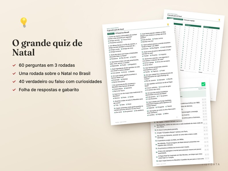 May include: A printed Christmas quiz set featuring the title O grande quiz de Natal, 60 questions across 3 rounds, a section on Brazilian Christmas, 40 true or false trivia questions, and an answer key sheet with a lightbulb icon.