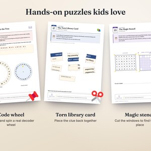 May include: Three printable activity sheets titled Hands-on puzzles kids love, featuring A Note Under the Tree with a code wheel, The Torn Library Card with paper scraps, and The Magic Stencil with a grid puzzle, all including instructions and icons.