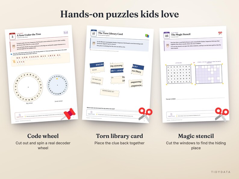 May include: Three printable activity sheets titled Hands-on puzzles kids love, featuring A Note Under the Tree with a code wheel, The Torn Library Card with paper scraps, and The Magic Stencil with a grid puzzle, all including instructions and icons.