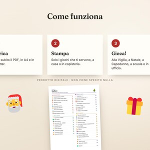 Op de afbeelding: Een digitale productinstructieafbeelding met de titel Come funziona. Het bevat drie genummerde stappen: 1. Scarica, 2. Stampa, 3. Gioca!, gevolgd door een lijst met de titel Indice, een kerstman-icoon en een geel cadeau-icoon.