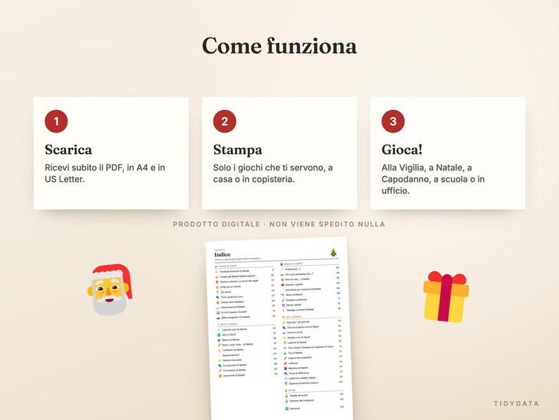 Op de afbeelding: Een digitale productinstructieafbeelding met de titel Come funziona. Het bevat drie genummerde stappen: 1. Scarica, 2. Stampa, 3. Gioca!, gevolgd door een lijst met de titel Indice, een kerstman-icoon en een geel cadeau-icoon.
