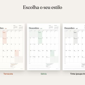 May include: Three calendar pages for December 2027, each with a different color scheme: terracotta, sage green, and black ink. The text 'Escolha o seu estilo' appears at the top, and each page features a grid layout with dates.