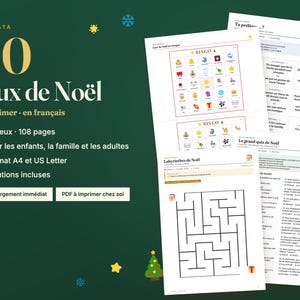 Peut inclure: Un ensemble num&eacute;rique de 40 jeux de No&euml;l imprimables sur des feuilles blanches, comprenant des cartes de bingo avec des ic&ocirc;nes de f&ecirc;te, un labyrinthe et un quiz. Le texte indique 40 Jeux de No&euml;l, 108 pages, et inclut les solutions.
