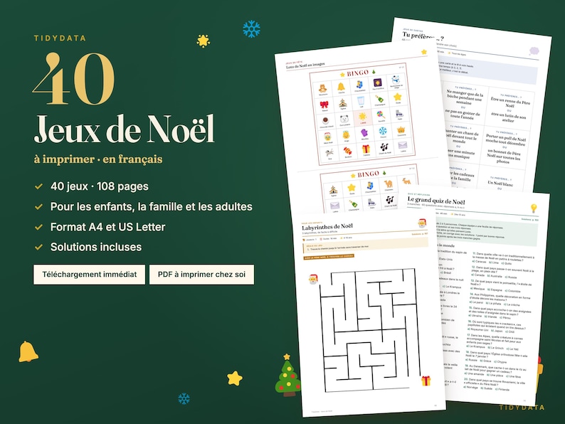 Peut inclure: Un ensemble num&eacute;rique de 40 jeux de No&euml;l imprimables sur des feuilles blanches, comprenant des cartes de bingo avec des ic&ocirc;nes de f&ecirc;te, un labyrinthe et un quiz. Le texte indique 40 Jeux de No&euml;l, 108 pages, et inclut les solutions.