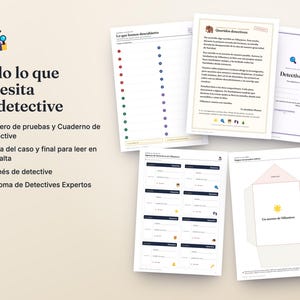 May include: A detective-themed activity kit featuring printed sheets with text in Spanish, including a case letter, evidence log, detective badges, and an expert diploma. The pages display icons of magnifying glasses, stars, and owls.