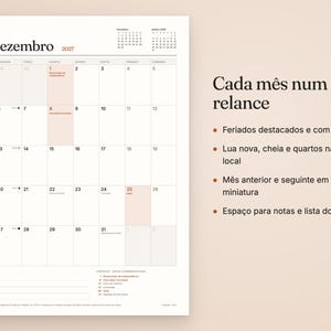 May include: A wall calendar page for December 2027 with a grid layout, featuring the text 'Dezembro 2027' at the top, lunar phase icons, and a notes section at the bottom. To the right, the text 'Cada m&ecirc;s num relance' is displayed.
