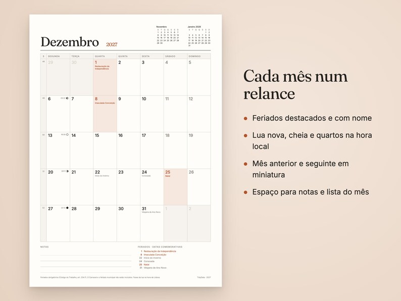 May include: A wall calendar page for December 2027 with a grid layout, featuring the text 'Dezembro 2027' at the top, lunar phase icons, and a notes section at the bottom. To the right, the text 'Cada m&ecirc;s num relance' is displayed.