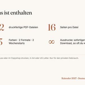 K&ouml;nnte beinhalten: Ein Informationsblatt f&uuml;r einen Kalender 2027 mit dem Text Das ist enthalten, 12 druckfertige PDF-Dateien, 16 Seiten pro Datei, 3 Farben, 2 Formate, 2 Wochenstarts und ein Unendlichkeitssymbol f&uuml;r unbegrenzte Downloads in A4 oder US Letter.