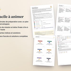 May include: A set of printed game materials including an instruction sheet titled Si facile &agrave; animer, a page of clue cards, and a solution sheet. The documents feature text in French, colorful icons, and bulleted lists detailing game setup.