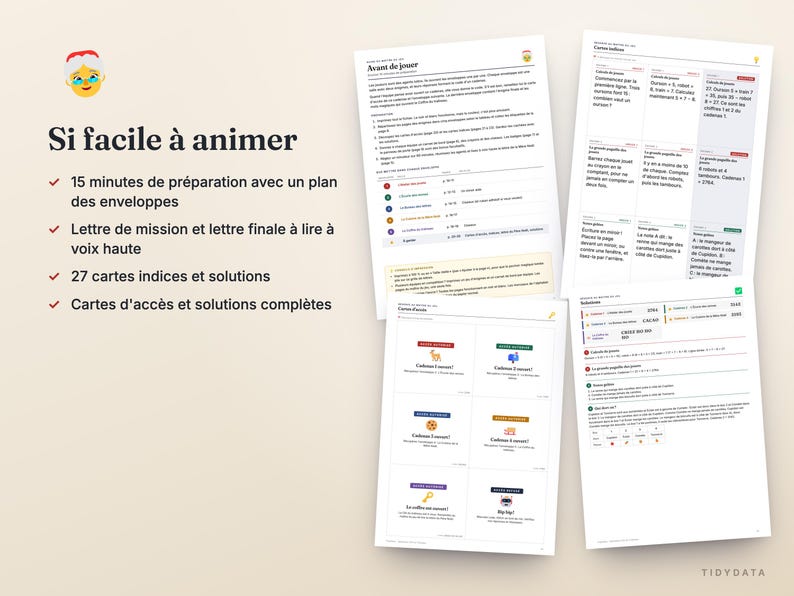 May include: A set of printed game materials including an instruction sheet titled Si facile &agrave; animer, a page of clue cards, and a solution sheet. The documents feature text in French, colorful icons, and bulleted lists detailing game setup.
